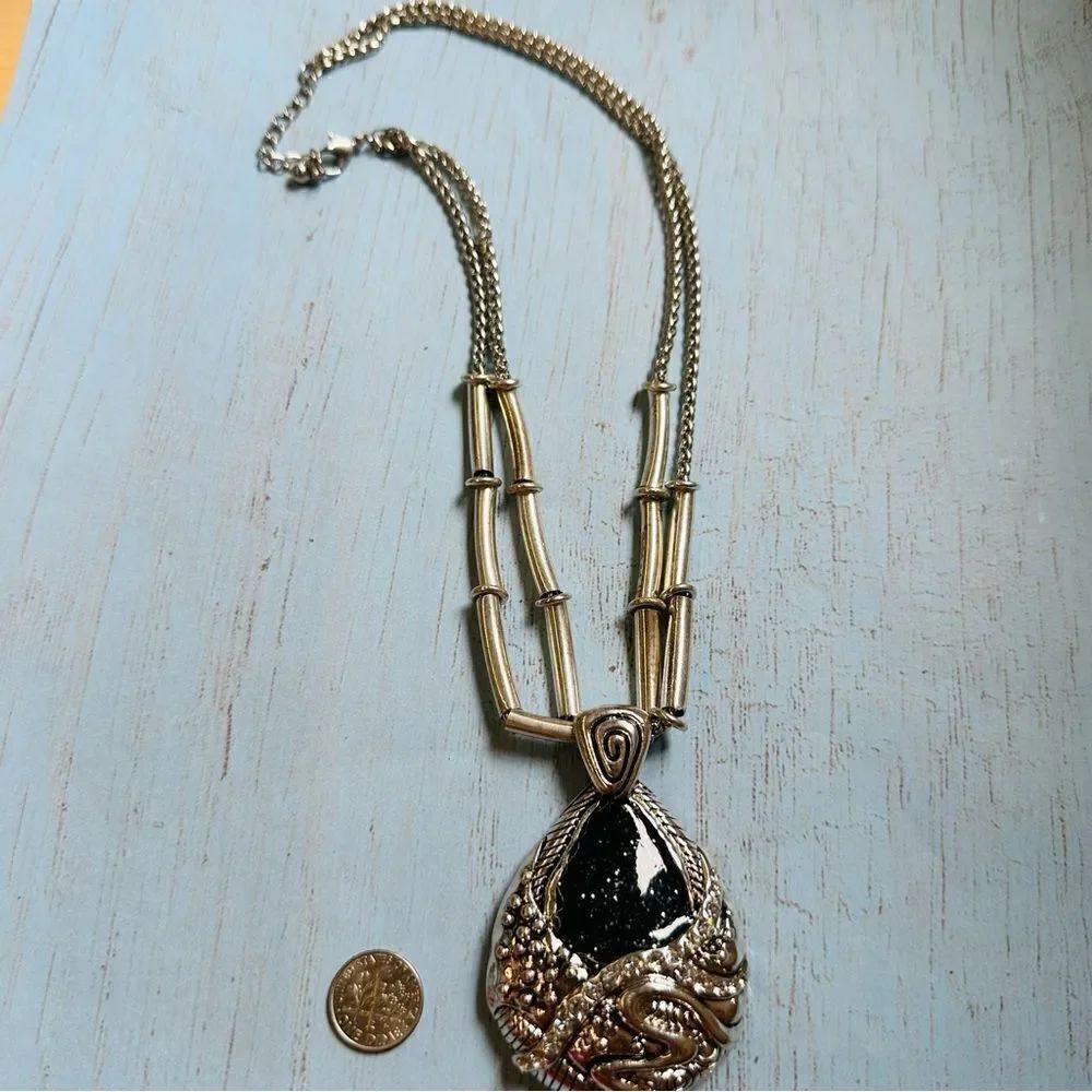 Silver Double Strand Black Glitter Enamel Clear Crystal Tribal Style‎ Necklace
